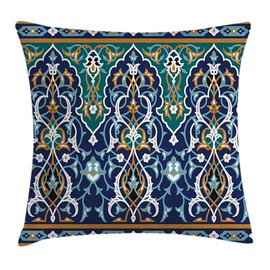 Ambesonne Moroccan Blue Throw Pillow Cushion Cover, Oriental Petals Swirling Vintage Art Mosaic, Royal Folk Decorative Square Accent Pillow Case for Living Room and Bedroom, 24" X 24", Blue Mustard