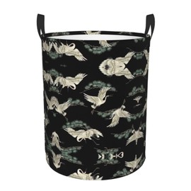 Japanese Crane & Pine Print Circular Protable Storage Bin Organizer Round Basket For Laundry Hamper With Handles