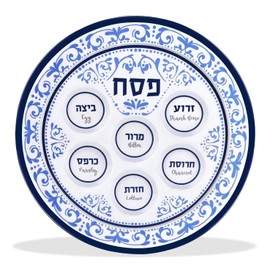 Passover Seder Plates 12" Melamine - 6 Section Plate Marked with Symbolic Pesach Seder Foods - Round Seder Tray for Adults, Children by Zion Judaica - Blue Floral Renaissance Single Passover Plate