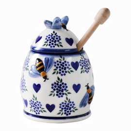 ZOOBEE Ceramic Honey Pots with Dipper and Lid Farmhouse Style,10oz Honey Dispenser No Drip,Handpainted Honey Jars with Bees,Easily Wash-Deep Love