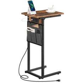 HOOBRO C Shaped Side Table with Charging Station, Slide Under Couch Table, 27.8" Tall Side Table for Sofa Arm with Fabric Storage Pocket, for Living Room, Bedroom, Rustic Brown BF73USF01