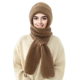 Sumolux Beanie Hat Scarf Integrated Ear Protection Windproof Cap Scarf Elastic Knitting Thick Warm Conjoined Winter