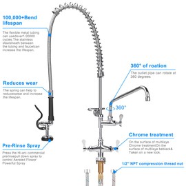 36 Inch Height Deck Mount Commercial Faucet with Pre Rinse Sprayer, Single Hole Commercial Pre Rinse Restaurant Kitchen Faucet with 12” Swing Spout for Commercial Restaurant Home Kitchens Sink