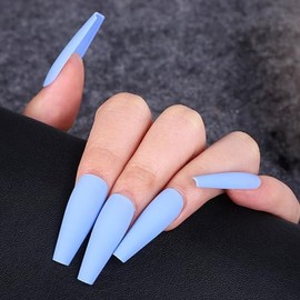 LoveOurHome 100pc Coffin Press on Nails Long Fake Nails Matte Full Cover False Nails Press ons Artificial Nail Medium Ballerina Fake Fingernail Baby Blue Presson on Nail Tips for Women Kids Girls