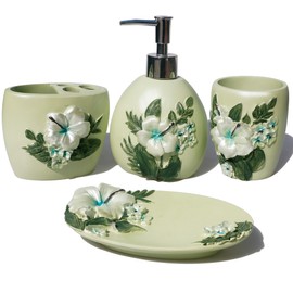 Decorative Bathroom Accessories Set, Pastoral Style Vanity Organizers Including 1 Tumblers, 1 Soap Dish, 1 Toothrush Holder and 1 Soap Dispenser, Green with White Flower and Green Leaf