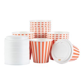 Restaurantware 8 Ounce Disposable Coffee Cups With Lids, 20 Hot Cups With Lids - Sleeves Sold Separately, Single Wall, Orange And White Stripe Paper Coffee Cups, For All Kinds Of Beverages