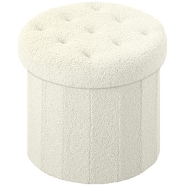 VewePata Round Storage Ottoman Foot Stool, Faux Teddy Tufted Ottoman with Storage, Foot Rest for Living Room Bedroom or Dorm(13.7x13.7x13 inches, Cream White)