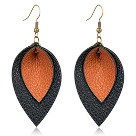 Leather Tear Drop Leaf Earrings for Women Handmade Bohemian Lightweight Double Layered Leave Dangle Drop Earring (Black Brown Leather Earrings)