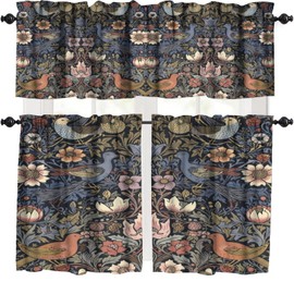 XBDDZSW William Morris Kitchen Valance Curtain,William Morris Retro Bird Elegant Animal Print Small Window Treatments for Kitchen Living Room Cafe Decor Rod Pocket Valances 54x18 & 27x24x2, 3 Panel