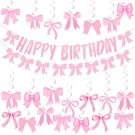 CIEHER Pink Bow Party Decorations, Happy Birthday Banner & Bow Banner & 21 Pcs Bow Hanging Swirls for Birthday Party