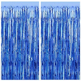 MORANTI 2 Pack 3 ft x 8 ft Metallic Tinsel Foil Fringe Curtains Party Backdrop for Wedding Party Photo Backdrop Decor (Blue)