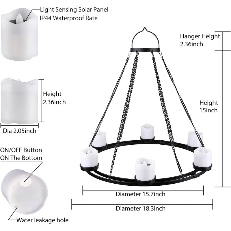 Outdoor Chandelier Solar, Hanging Candle Lantern with 7pcs Solar Powered