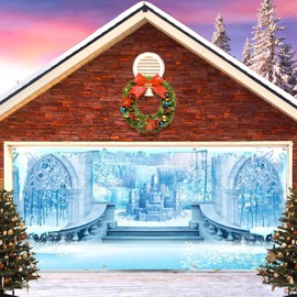 Winter Christmas Garage Door Decorations Banner - Holiday Backdrop, Winter Wonderland Castle White Snow Snowflake for 2 Car Garage - Outdoor Holiday Decorations 7x16ft
