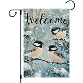 Heyfibro Welcome Winter Garden Flag 12x18 Inch Double Sided Burlap Birds Snowflake Yard Banner for Seasonal Christmas Outside Outdoor Decoration (ONLY FLAG)