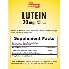 Sundance Lutein 20mg | 30 Softgels | with Zeaxanthin | Non-GMO and Gluten Free Supplement