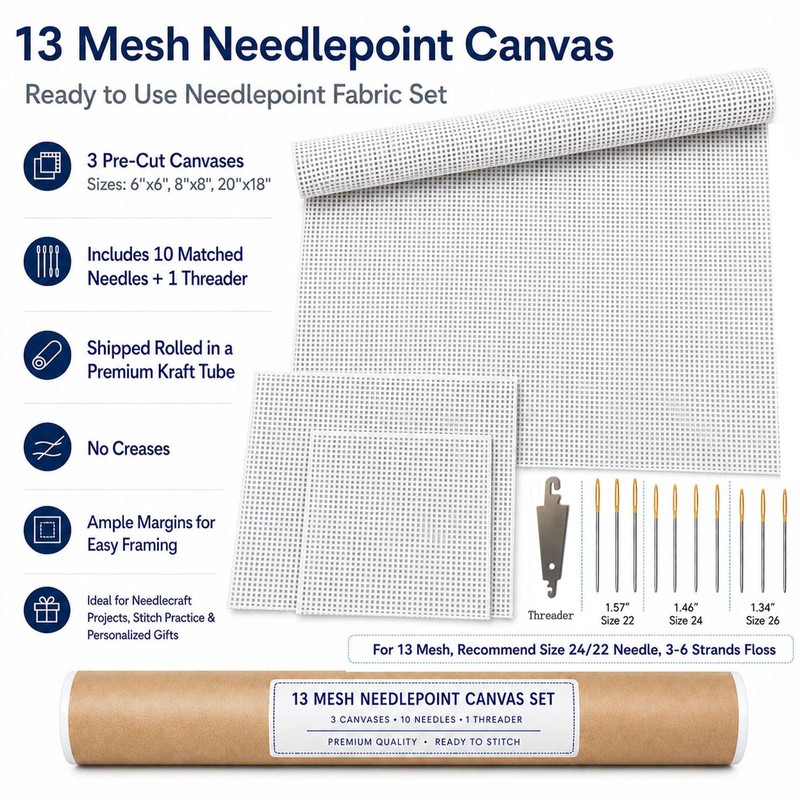 13 Mesh Needlepoint Canvas for Stitching: Rolled Mono Canvas Crease-Free