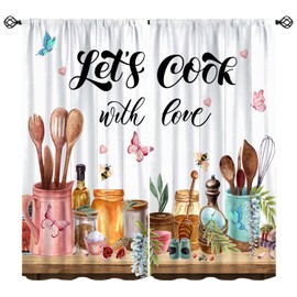 Djaby Retro Farmhouse Kitchen Curtains, Rustic Funny Quotes Colorful Spoons Butterfly Floral Flower Rod Pocket Window Curtains for Bedroom Living Room 42" W X 45" L(30% Blackout)