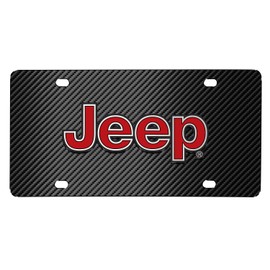iPick Image for Jeep in Red 3D Logo on Black Carbon Fiber Patten Stainless Steel License Plate for Decorative
