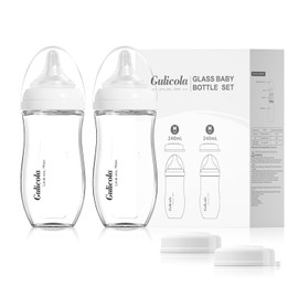 Gulicola Natural Glass Baby Bottle for Breastfed Babies, Anti-Colic Baby Bottle Set with Medium Flow Nipple, 3 Months +, 8 oz, 2 Pack - White