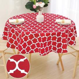 Smiry Waterproof Vinyl Round Tablecloth, Oil Proof Spill-Proof Table Cloth with Flannel Backing, Wipeable Table Cover for Dining Tables, Christmas Décor, Family Party, 60'' Round, Red