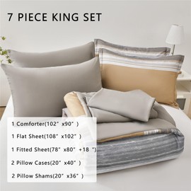 KAKIJUMN 7 Piece Bed in a Bag Stripe Comforter Set King Size, White Grey Khaki Patchwork Striped Comforter and Sheet Set, All Season Soft Microfiber Complete Bedding Set(Khaki,King)