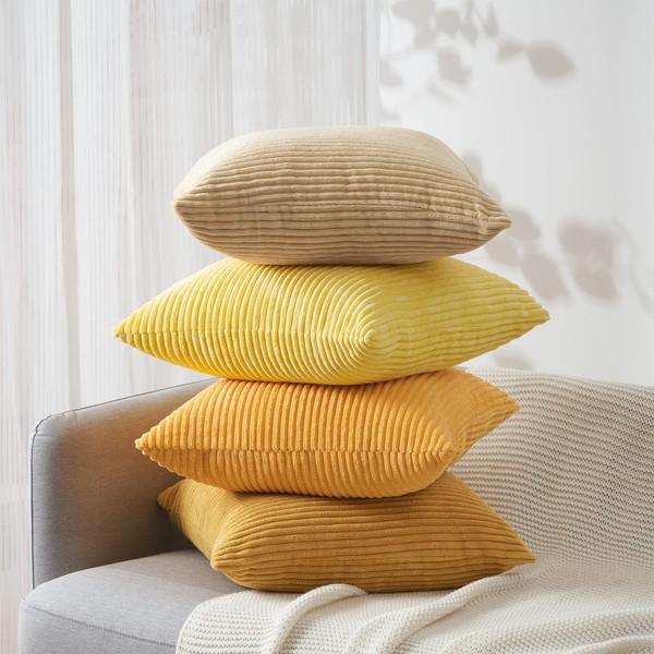 Topfinel Cushion Covers 45 x 45cm Set of 4 Corduroy Gradient Stylish Nordic Washable Fluffy Hidden Zipper Striped Sofa Backrest Decorative Pillow Cover Yellow