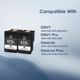 67XL Combo Pack Replacement for HP 67 67 XL Black for Envy 6058 6075 6055 6052 Envy Pro 6455e 6455 6458 6452 DeskJet 2734e 1255 2732 2755e 2752 4140 4155 Printer (2 Black)