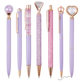 Purple Ballpoint Pen Set, 7-Piece Glitter Ballpoint Pen, Girls' Ballpoint Pen, Beautiful Metal Ballpoint Pen with Large Diamond, Purple Glitter Gift for School, Office, Wedding