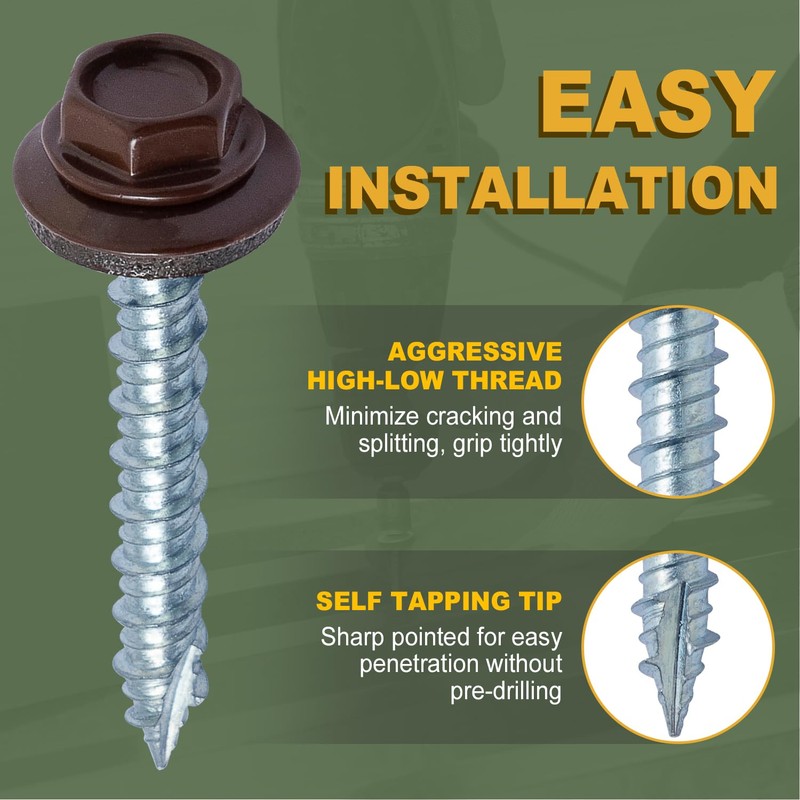 LIONMAX Metal Roofing Screws #14 x 1-1/2 Inch, 300-PCS, Brown