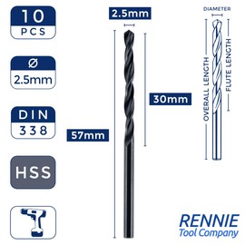 Box Of 10 x 2.5mm HSS Jobber Drill Bits - Black Roll Forged HSS-R for Carbon + Alloy Steel, Plastics & Wood. DIN338 (2.5mm x 57mm)