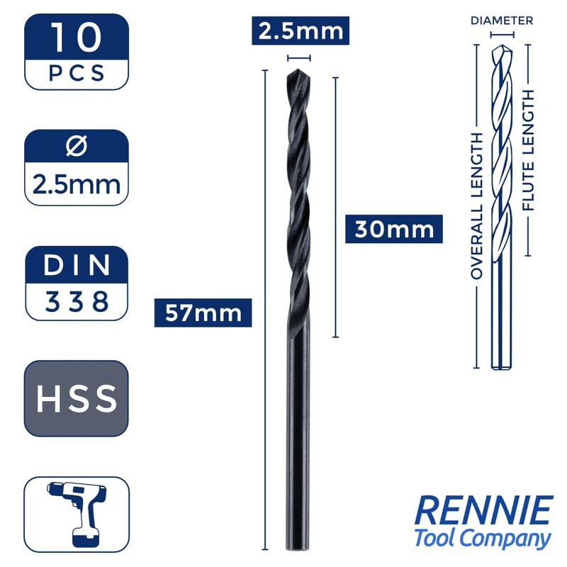 Box Of 10 x 2.5mm HSS Jobber Drill Bits -