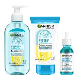Kit Garnier Rutina Express Aclara Anti Acné 3 pasos, Agua Micelar con Acido Salicílico 400ml + Micro Exfoliante Sueva Anti Acné 150ml + Serum Booster Anti Acné 30ml