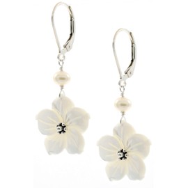 LTC Designs White Shell Flowers and White Freshwater Cultured Pearl Accent Drop Earrings with Sterling Ear Wires 3.5-4 mm for Women, Teens
