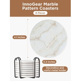 InnoGear Coasters for Drinks, 8 Pieces with Holder Absorbent Ceramic Stone Marble Pattern Reusable Coaster with Cork Base for Drinks, Gift Set for Birthday Housewarming Apartment Kitchen Bar Décor