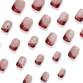 24Pcs Christmas Fake Nails French Tip Press on Nails Short Square Snowflake Glue on Nails with Rhinestones Designs Red Glitter Nail Tips Acrylic False Nails for Women Girls Winter Manicure