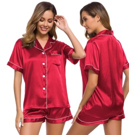 SWOMOG Womens Silk Satin Pajamas Set Two-Piece Pj Sets Sleepwear Loungewear Button-Down Pj Sets Bright Red