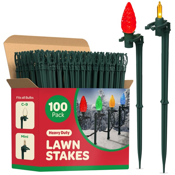 Christmas Light Yard Stakes [Set of 100] Outdoor Light Stakes - 8.5" Tall - Universal Christmas Pathway Lights On Yards, Driveways - Christmas Yard Stakes - Driveway Christmas Light Stakes - USA Made