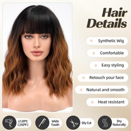 HAIRCUBE Short Charming Bob with Bangs Wigs for Women Natural Heat Resistant Synthetic Fibre Party/Cosplay/Costume/Daily Wig (Ombre Brown)