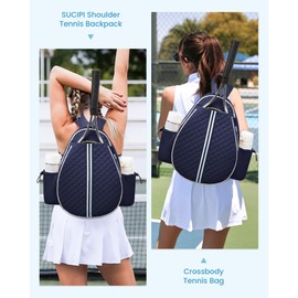 Sucipi Tennis Bag, Quilted Tennis Sling Crossbody Backpack, Water Resistant Tennis Racket Bags for Women Men, Suitable for Pickleball Tennis Badminton,Navy Blue