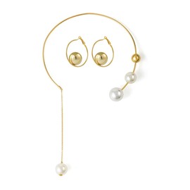 Vanesseva Minimalist Open Cuff Choker Pearl Bead Ball Chain Necklace and Circle Ball Earrings for Women,Geometric Metal Choker Galaxy Aesthetic, Punk Rocker Faux Pearl Necklace Statement Cool Jewelry