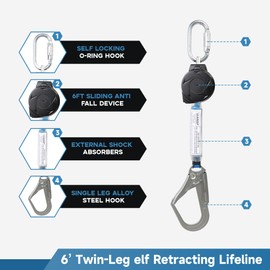 6FT Self Retracting Lifeline Fall Protection Retractable Safety Lanyard Rectracting Lifeline Personal Fall Arrest Protection ANSI Self Retractable Gear for Roofing Construction(Big Hook)