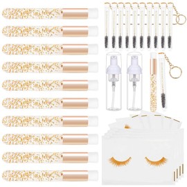 Mekupeu 32PCS Lash Shampoo Brush Sets 10pcs Crystal Lash Cleansing Brush 10pcs Disposable Tube Mascara Wands Brush 3pcs Empty Lash Shampoo Bottles Lash Extensions Aftercare (Gold kits)
