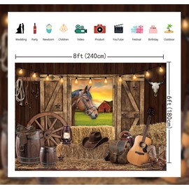 Western Cowboy Backdrop West Rustic Wooden House Farm Barn Door Photography Background for Kids Adults Wild Cowboy Theme Birthday Party Decorations Banner (94X70 inch (8x6FT))
