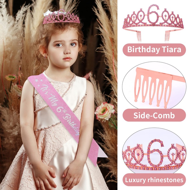Dimetey 6th Birthday Crown & Sash Set,6th Birthday Decorations and