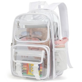 Clear School Backpack for Girls Boys, Heavy Duty PVC See Through Transparent Bookbag for Kids Women Men (White)