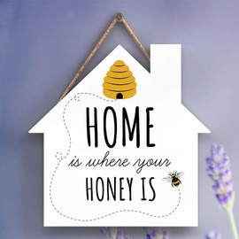 Global Designs Home Is Where Your Honey Is Bee Themed Decorative Wooden House Shaped Hanging Plaque