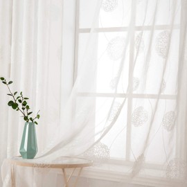 MIULEE Sheer voile floral embroidery curtains with eyelets, transparent curtain, 2 pieces, eyelet curtain, gauze, pair scarves, window curtain for living room, bedroom, set of 2