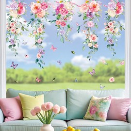 Whaline 9 Sheets Spring Hanging Flower Vine Window Cling Stickers Eucalyptus Floral Window Decals Watercolor Pink Purple Reusable Window Decoration for Party Home Classroom