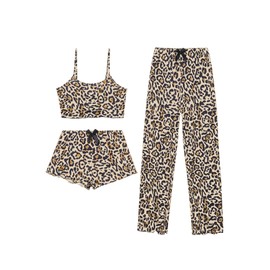 QLVKYW Cotton Pajamas for Women Set 3 Piece Round Neck Tops Shorts and Long Pants Sleep Set