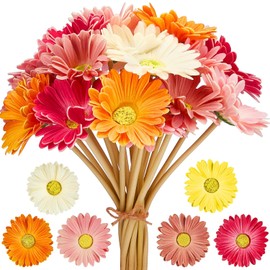 WILLBOND - Ramo de flores artificiales de margaritas falsas, flores de 15 pulgadas para bodas, ramo de novia, fiesta, hogar, cocina (blanco, rosa, amarillo, naranja, rosa, coral, 24 piezas)
